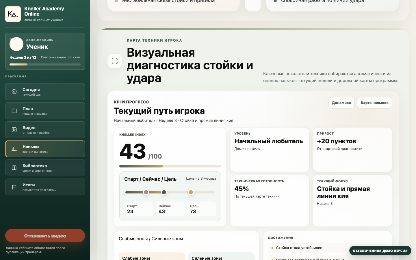 Раздел «Навыки» в кабинете Kneller Academy Online: Kneller Index, карта навыков и динамика игрока