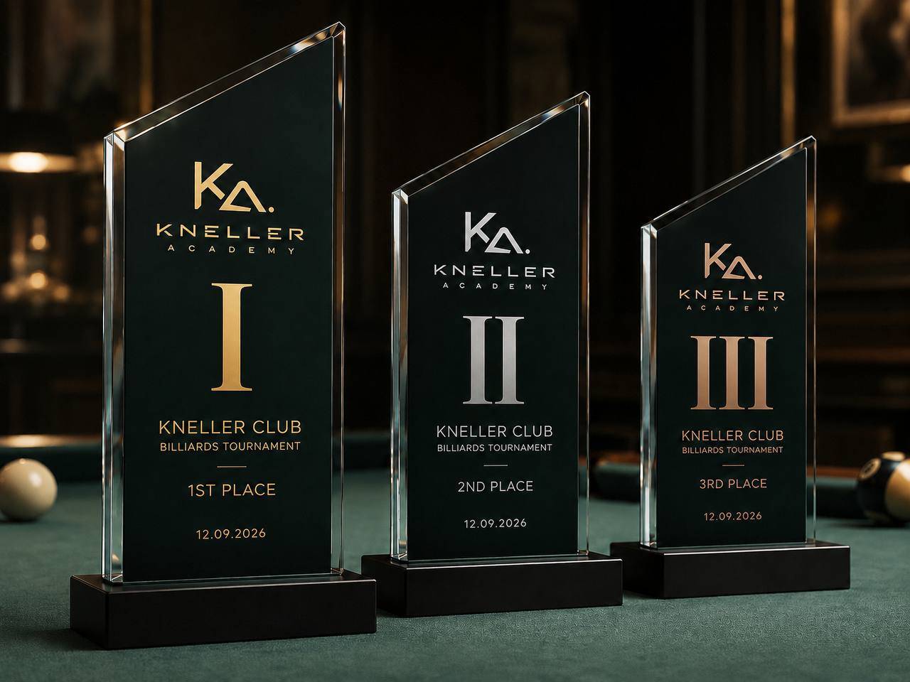 Три фирменных кубка Kneller Club за первое, второе и третье места турнира